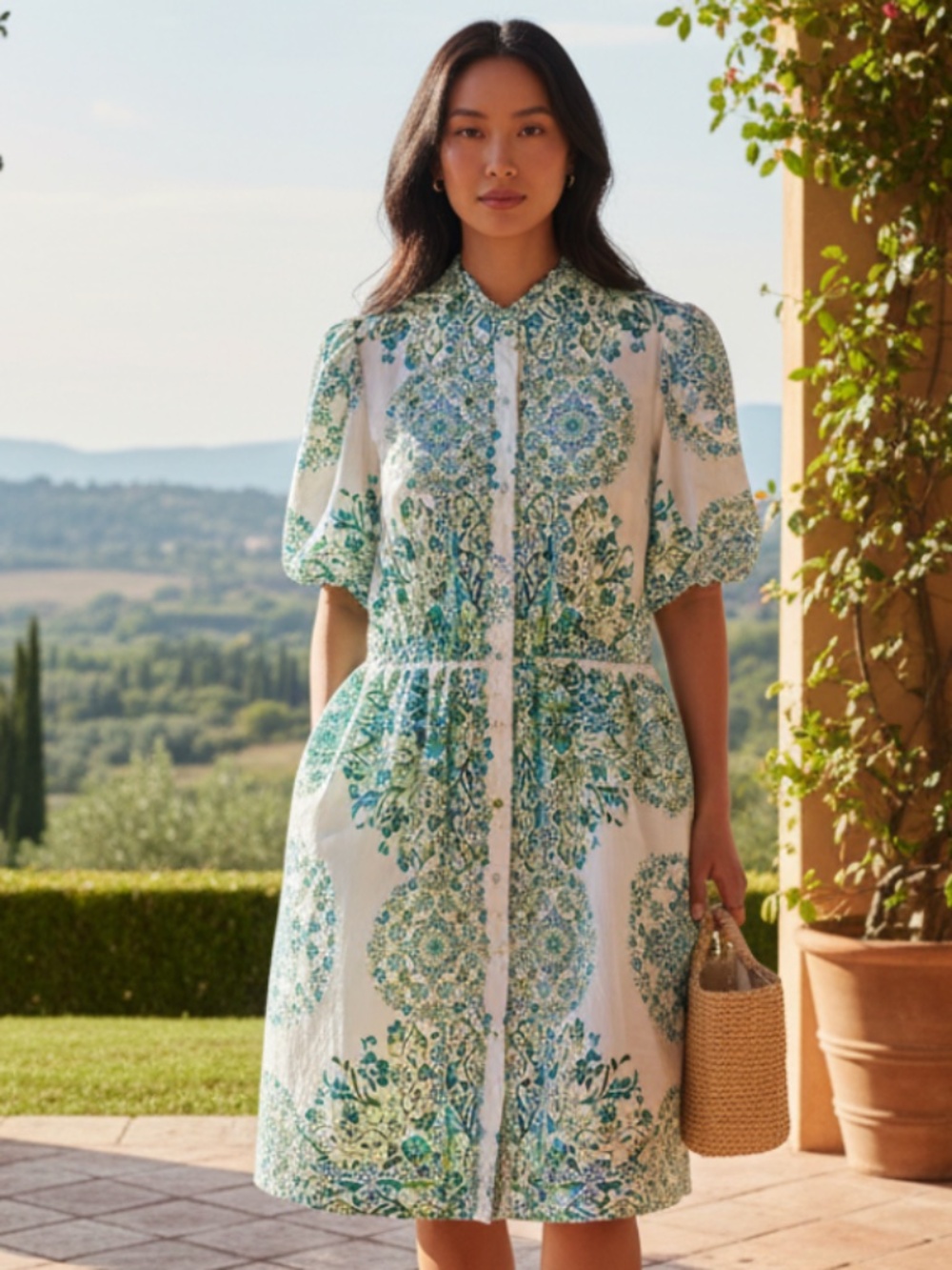 Julia Jordan Shirtdress Dress Sz 14 16 XL Floral Green White Blue Cottage CHIC